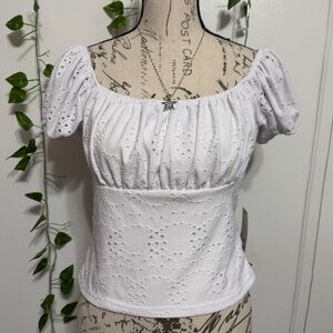 White Eyelet Puff Sleeve Square-Neck Blouse